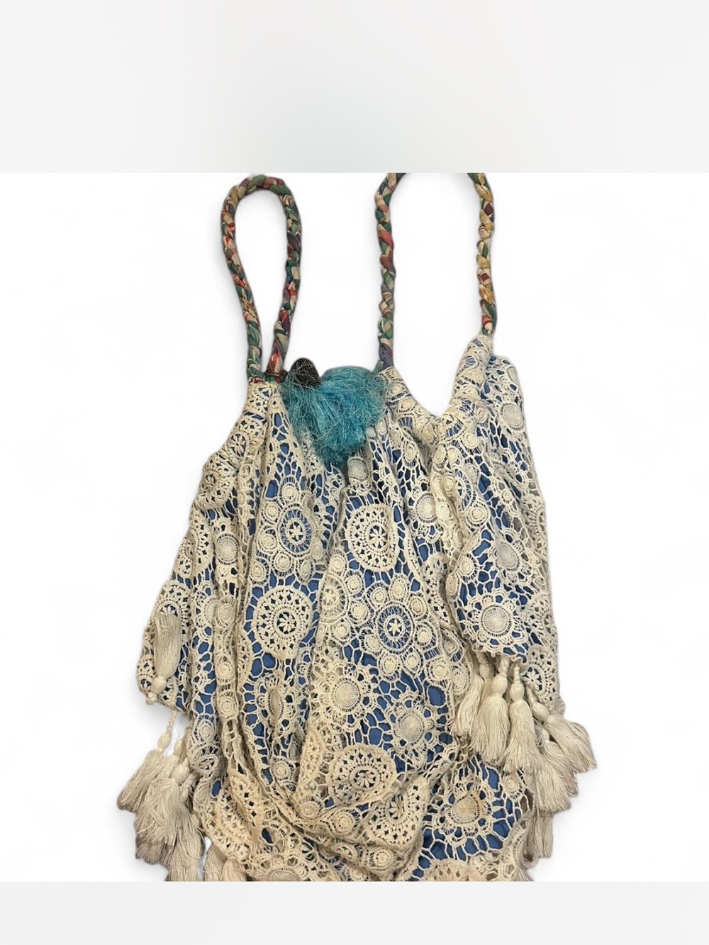 Crochet Lace Tassel Tote Bag in Cream and Blue